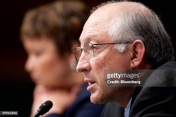 Ken Salazar, U.S. Interior secretary, speaks during a Senate Environment and Public Works Committee hearing on the federal response to the recent...