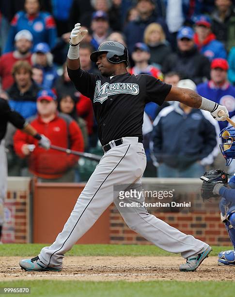 Hanley Ramirez of the Florida Marlins takes a swing against the Chicago Cubs at Wrigley Field on May 12, 2010 in Chicago, Illinois. The Cubs defeated...