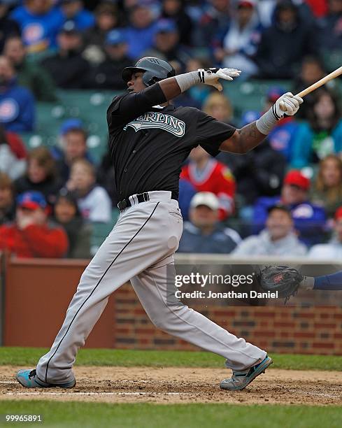 Hanley Ramirez of the Florida Marlins takes a swing against the Chicago Cubs at Wrigley Field on May 12, 2010 in Chicago, Illinois. The Cubs defeated...