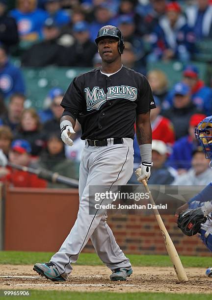 Hanley Ramirez of the Florida Marlins takes a swing against the Chicago Cubs at Wrigley Field on May 12, 2010 in Chicago, Illinois. The Cubs defeated...