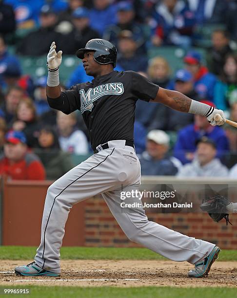 Hanley Ramirez of the Florida Marlins takes a swing against the Chicago Cubs at Wrigley Field on May 12, 2010 in Chicago, Illinois. The Cubs defeated...