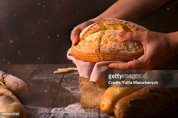 loaf of fresh baked wheat bread in woman's hands in sunshine. rustic day light in dark room. - loaf stock pictures, royalty-free photos & images