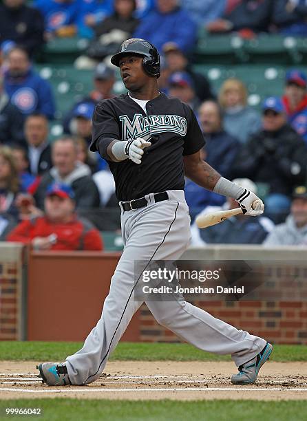 Hanley Ramirez of the Florida Marlins takes a swing against the Chicago Cubs at Wrigley Field on May 12, 2010 in Chicago, Illinois. The Cubs defeated...