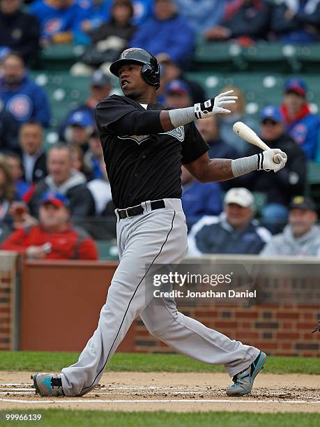 Hanley Ramirez of the Florida Marlins takes a swing against the Chicago Cubs at Wrigley Field on May 12, 2010 in Chicago, Illinois. The Cubs defeated...