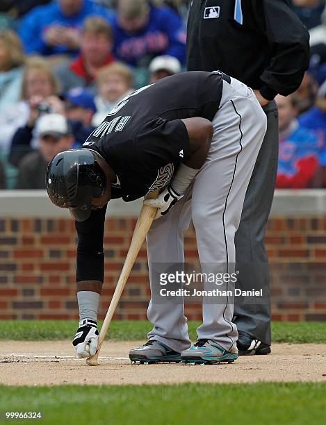 Hanley Ramirez of the Florida Marlins prepares his bat befoire hitting against the Chicago Cubs at Wrigley Field on May 12, 2010 in Chicago,...