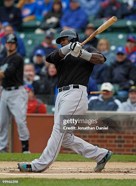 Hanley Ramirez of the Florida Marlins takes a swing against the Chicago Cubs at Wrigley Field on May 12, 2010 in Chicago, Illinois. The Cubs defeated...