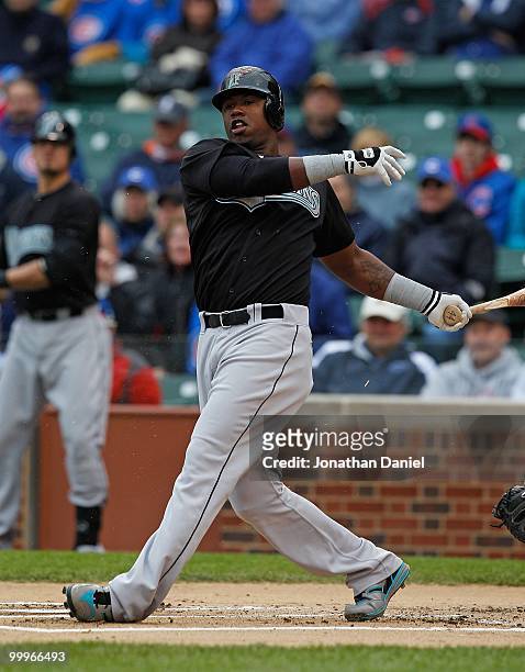 Hanley Ramirez of the Florida Marlins takes a swing against the Chicago Cubs at Wrigley Field on May 12, 2010 in Chicago, Illinois. The Cubs defeated...