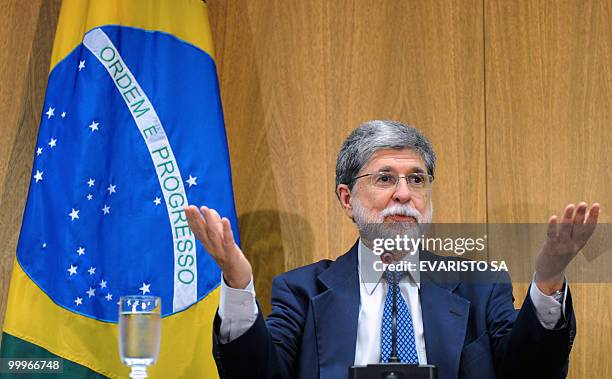 Brazilian Minister of Foreign Affairs, Celso Amorim, gestures during a press conference at Itamaraty Palace in Brasilia, on May 18 on the nuclear...