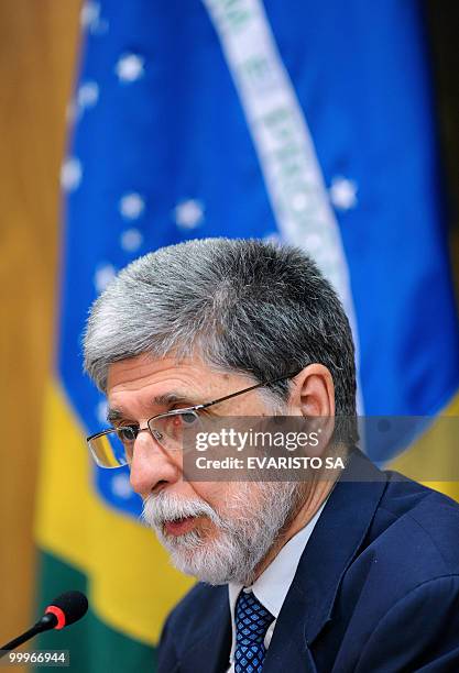 Brazilian Minister of Foreign Affairs, Celso Amorim, gestures during a press conference at Itamaraty Palace in Brasilia, on May 18 on the nuclear...