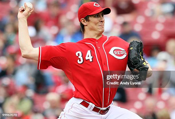 Homer Bailey of the Cincinnati Reds throws a pitch during the game against the Milwaukee Brewers at Great American Ball Park on May 18, 2010 in...