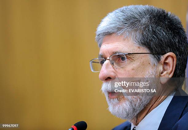 Brazilian Minister of Foreign Affairs, Celso Amorim, gestures during a press conference at Itamaraty Palace in Brasilia, on May 18 on the nuclear...