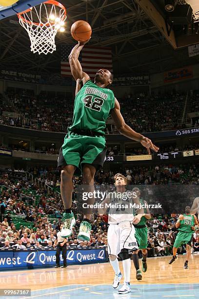 Tony Allen of the Boston Celtics takes the ball to the basket against the Utah Jazz during the game at EnergySolutions Arena on March 22, 2010 in...