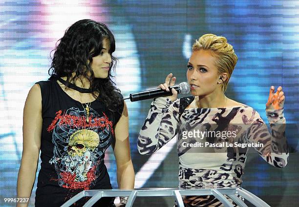 Hosts Michelle Rodriguez and Hayden Panettiere onstage during the World Music Awards 2010 at the Sporting Club on May 18, 2010 in Monte Carlo, Monaco.
