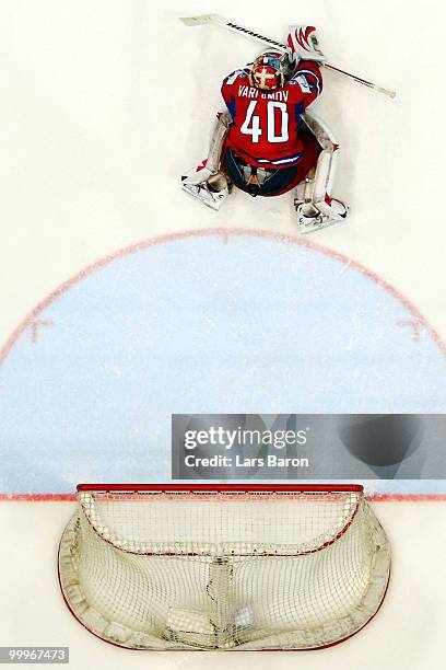 Goaltender Semyon Varlamov of Russia saves a shoot during the IIHF World Championship qualification round match between Russia and Finland at Lanxess...