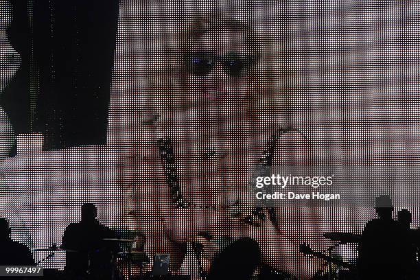 Lady Gaga accepts her best new album award via video message at the World Music Awards 2010 held at the Sporting Club Monte-Carlo on May 18, 2010 in...