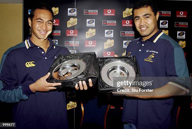 Australian Rugby Union players Toutai Kefu and his brother Steve Kefu receive their Player of the Tour Trophys, at the Team Hotel, The Marriott,...