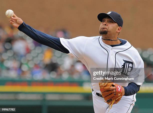 Joel Zumaya of the Detroit Tigers pitches in the eighth inning of the game against the Chicago White Sox at Comerica Park on May 18, 2010 in Detroit,...