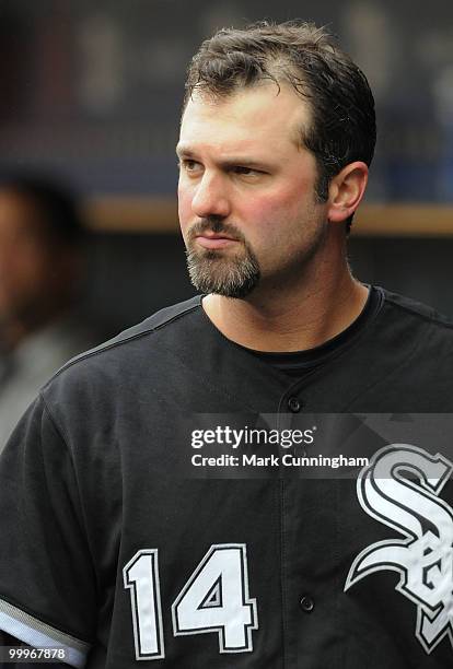 Paul Konerko of the Chicago White Sox looks on from the dugout against the Detroit Tigers during the game at Comerica Park on May 18, 2010 in...