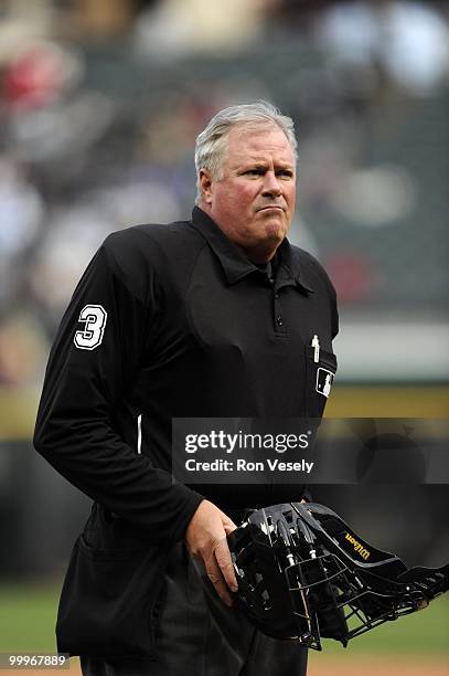 Home plate umpire Tim Welke looks on during the game between the Chicago White Sox and Toronto Blue Jays on May 8, 2010 at U.S. Cellular Field in...