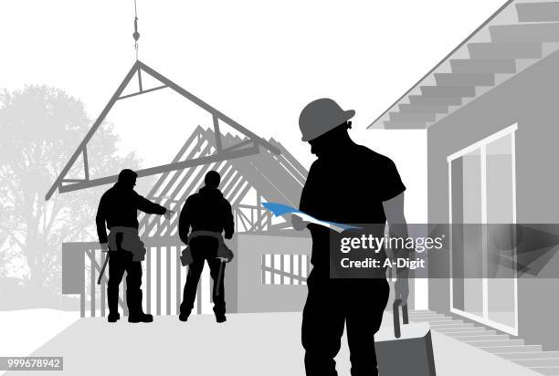 follow instructions house construction - construction workers reading blueprints stock illustrations