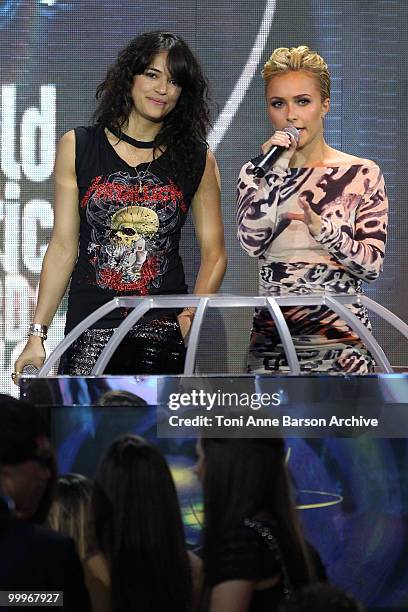 Michelle Rodriguez and Hayden Panetierre on stage during the World Music Awards 2010 at the Sporting Club on May 18, 2010 in Monte Carlo, Monaco.