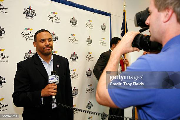 Brian Michael Cooper President of the Rio Grande Valley Vipers is interviewed by the media at the press conference announcing that the South Padre...