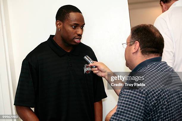 Stanley Asumnu a player for the Rio Grande Valley Vipers is interviewed by the media at the press conference announcing that the South Padre Island...