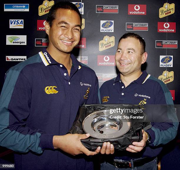 Australian Rugby Union player Steve Kefu recieves his Young Player of the Tour Trophy, at the Team Hotel, The Marriott, Cardiff. DIGITAL IMAGE....