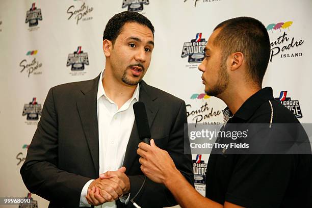 Dan Reed President of NBA Development League is interviewed by the media at the press conference announcing that the South Padre Island Convention...