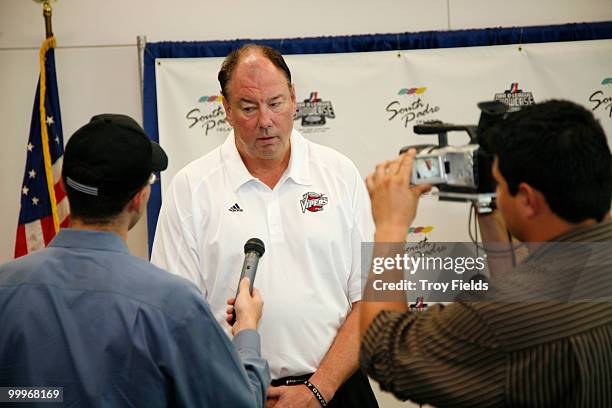 Paul Mokeski Assistant Coach for the Rio Grande Valley Vipers is interviewed by the media at the press conference announcing that the South Padre...