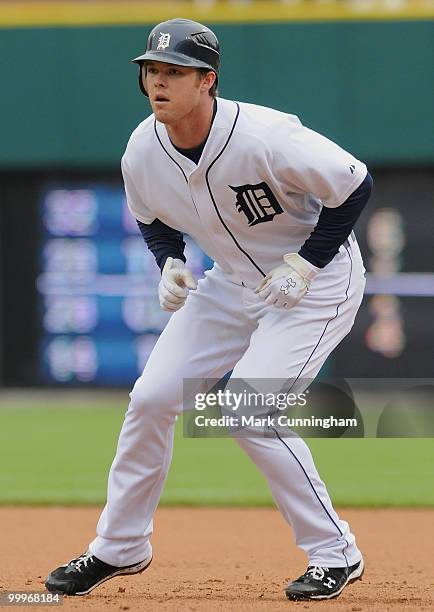 Brennan Boesch of the Detroit Tigers gets a lead off first base in the fourth inning of the game against the Chicago White Sox at Comerica Park on...