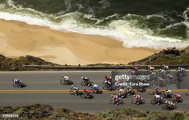 Member of Team Quick Step leads the peloton as they ride along the Pacific Coast during stage 3 of the Tour of California on May 18, 2010 in Montara,...