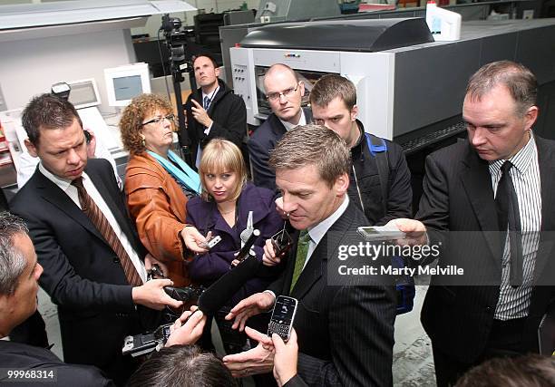 New Zealand Minister of Finance Bill English speaks to the media during a visit to Printlink to oversee the printing of the Budget at Petone on May...