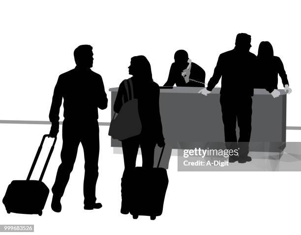 ilustraciones, imágenes clip art, dibujos animados e iconos de stock de hotel check in conserje - suitcase couple