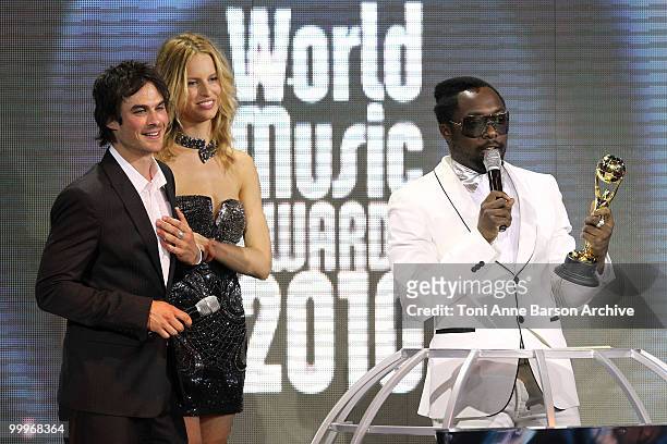 Ian Somerhalder, Karolina Kurkova and Will I.A.M speak on stage during the World Music Awards 2010 at the Sporting Club on May 18, 2010 in Monte...