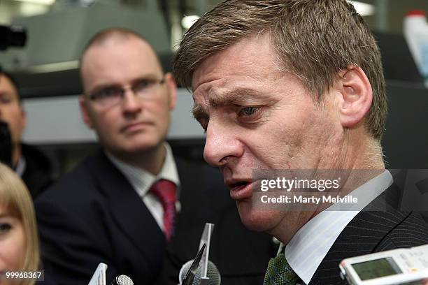 New Zealand Minister of Finance Bill English speaks to the media during a visit to Printlink to oversee the printing of the Budget at Petone on May...