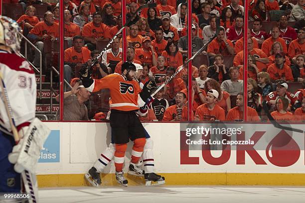 Philadelphia Flyers Ville Leino in action vs Montreal Canadiens Hal Gill . Game 1. Philadelphia, PA 5/16/2010 CREDIT: Lou Capozzola