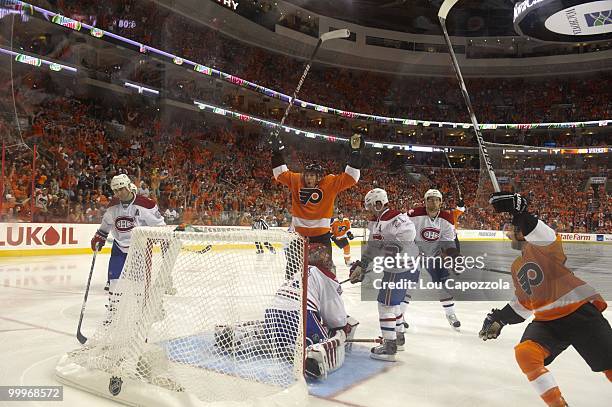 Philadelphia Flyers James van Riemsdyk victorious after scoring goal during Game 1 vs Montreal Canadiens goalie Jaroslav Halak . Philadelphia, PA...