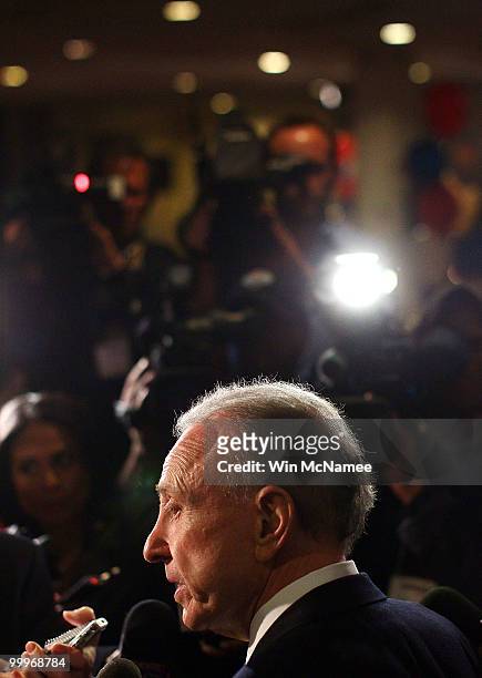 Sen. Arlen Specter talks with reporters while touring the site of his primary night gathering for staff and supporters May 18, 2010 in Philadelphia,...
