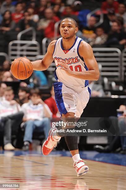 Eric Gordon of the Los Angeles Clippers drives the ball downcourt against the New Orleans Hornets during the game at Staples Center on March 15, 2010...