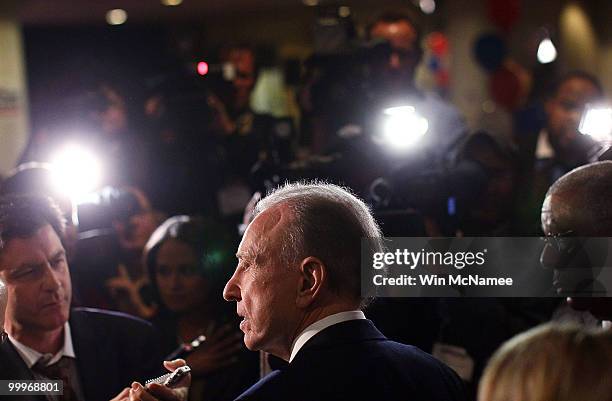 Sen. Arlen Specter talks with reporters while touring the site of his primary night gathering for staff and supporters May 18, 2010 in Philadelphia,...