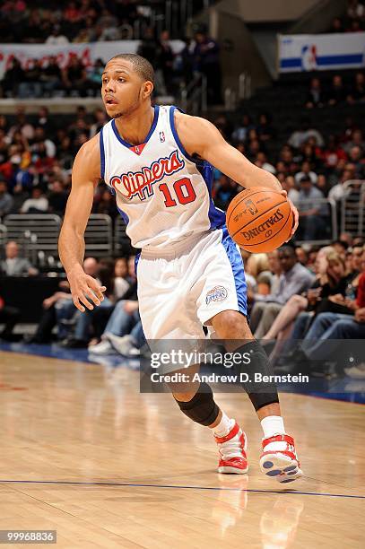 Eric Gordon the Los Angeles Clippers drives the ball against the New Orleans Hornets during the game at Staples Center on March 15, 2010 in Los...