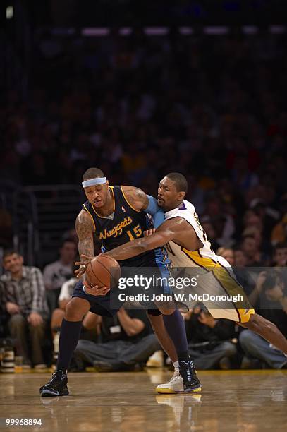 Denver Nuggets Carmelo Anthony in action vs Los Angeles Lakers Ron Artest . Los Angeles, CA 2/28/2010 CREDIT: John W. McDonough