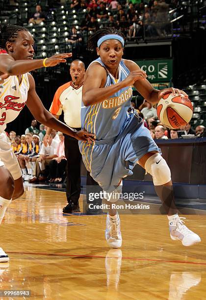 Dominique Canty of the Chicago Sky drives against the Indiana Fever during the WNBA preseason game on May 7, 2010 at Conseco Fieldhouse in...