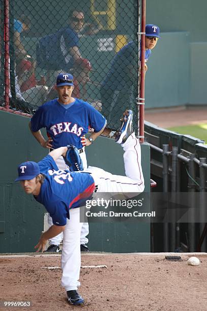 Texas Rangers pitching coach Mike Maddux watching C.J. Wilson during warmups before game vs Detoit Tigers. Arlington, TX 4/27/2010 CREDIT: Darren...