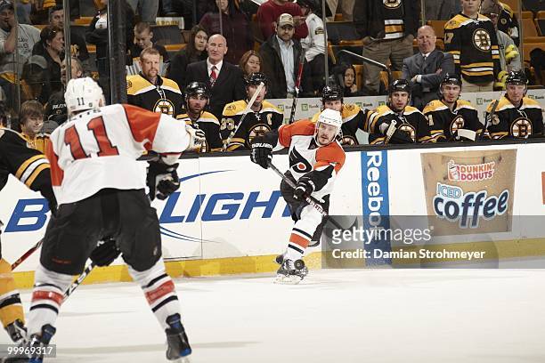 Philadelphia Flyers Lukas Krajicek in action, pass vs Boston Bruins. Game 5. Boston, MA 5/10/2010 CREDIT: Damian Strohmeyer
