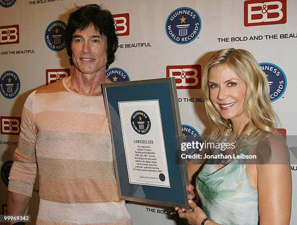 Ronn Moss and Katherine Kelly Lang attend the Guinness World Record's official validation of the "The Bold & The Beautiful" CBS Studios on May 18,...