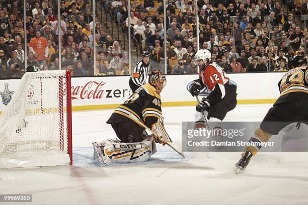 Philadelphia Flyers Simon Gagne in action, scoring goal vs Boston Bruins goalie Tuukka Rask . Game 5. Boston, MA 5/10/2010 CREDIT: Damian Strohmeyer