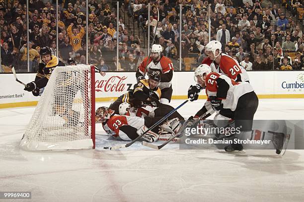 Boston Bruins Miroslav Satan in action vs Philadelphia Flyers goalie Brian Boucher . Boucher injured on play. Game 5. Boston, MA 5/10/2010 CREDIT:...