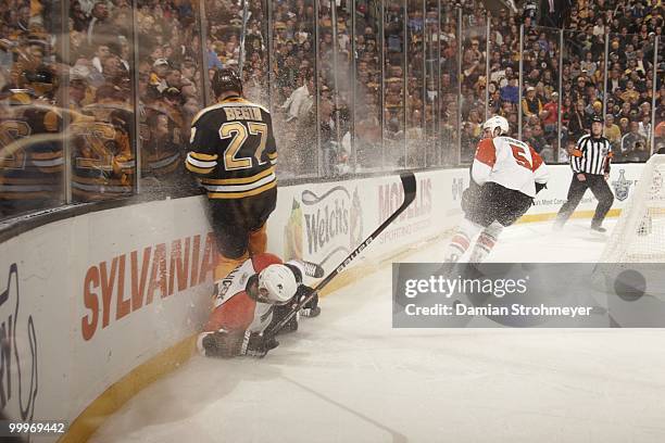 Philadelphia Flyers Lukas Krajicek in action, pass vs Boston Bruins Steve Begin . Krajicek down on ice. Game 5. Boston, MA 5/10/2010 CREDIT: Damian...